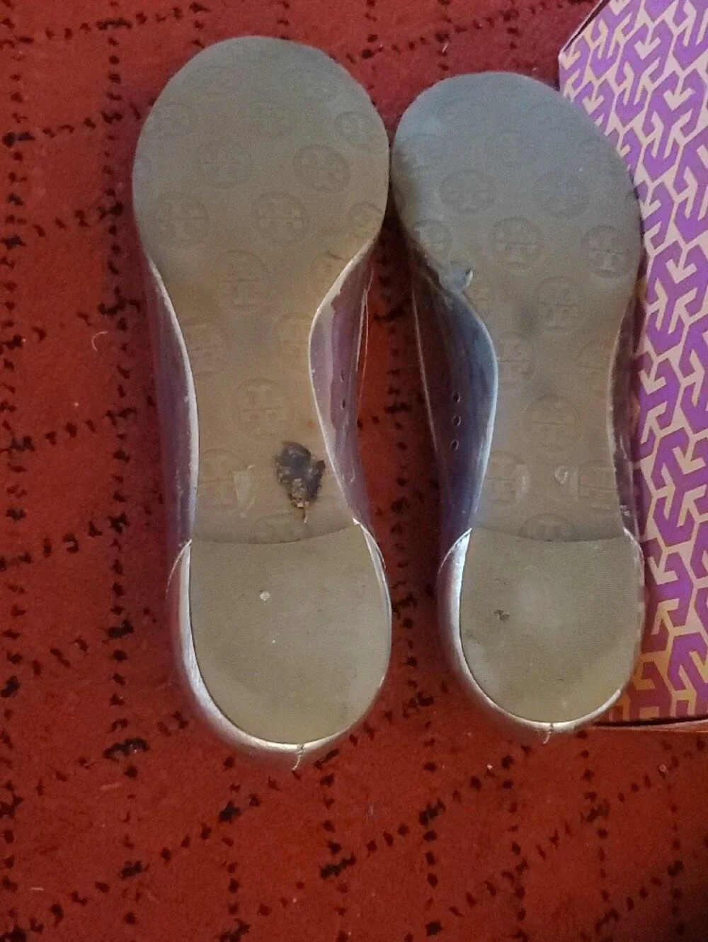 Tory Burch Metallic Silver Round-Toe Logo Ballet Flats